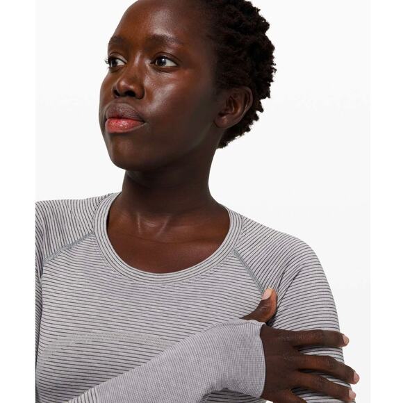 EUC Lululemon Swiftly Tech Long Sleeve 2.0 Tetra Stripe Asphalt Grey /Violet US8 - Picture 11 of 16